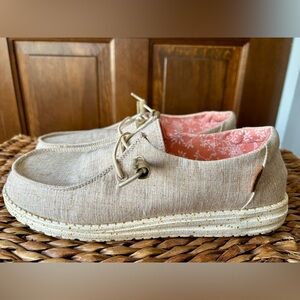 Hey Dude Wendy Beige Linen Slip-On Loafers with Pink Floral Lining